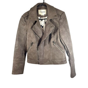 Fauxgerty Brown Vegan Leather Asymmetric Zip Silk Lined Jacket Sz XS